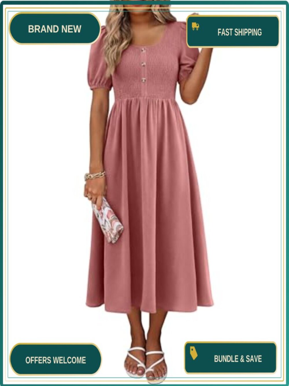 Women's Midi Dress Scoop Neck Short Sleeve Smocked Back Casual Summer